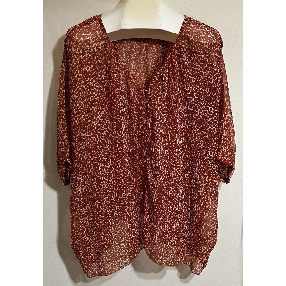 Animal Print Overlay  Sm Blouse Top White Burnt Orange Dolman Sleeve Sheer R1
